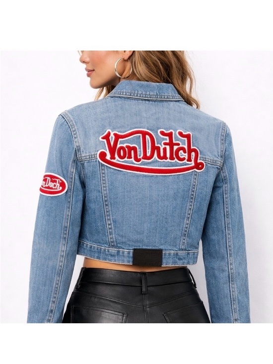 Von Dutch Jackets & Blazers - Von Dutch Women’s Cropped Denim Jacket Y2K Logo Patch Blue Jean Trucker Size L